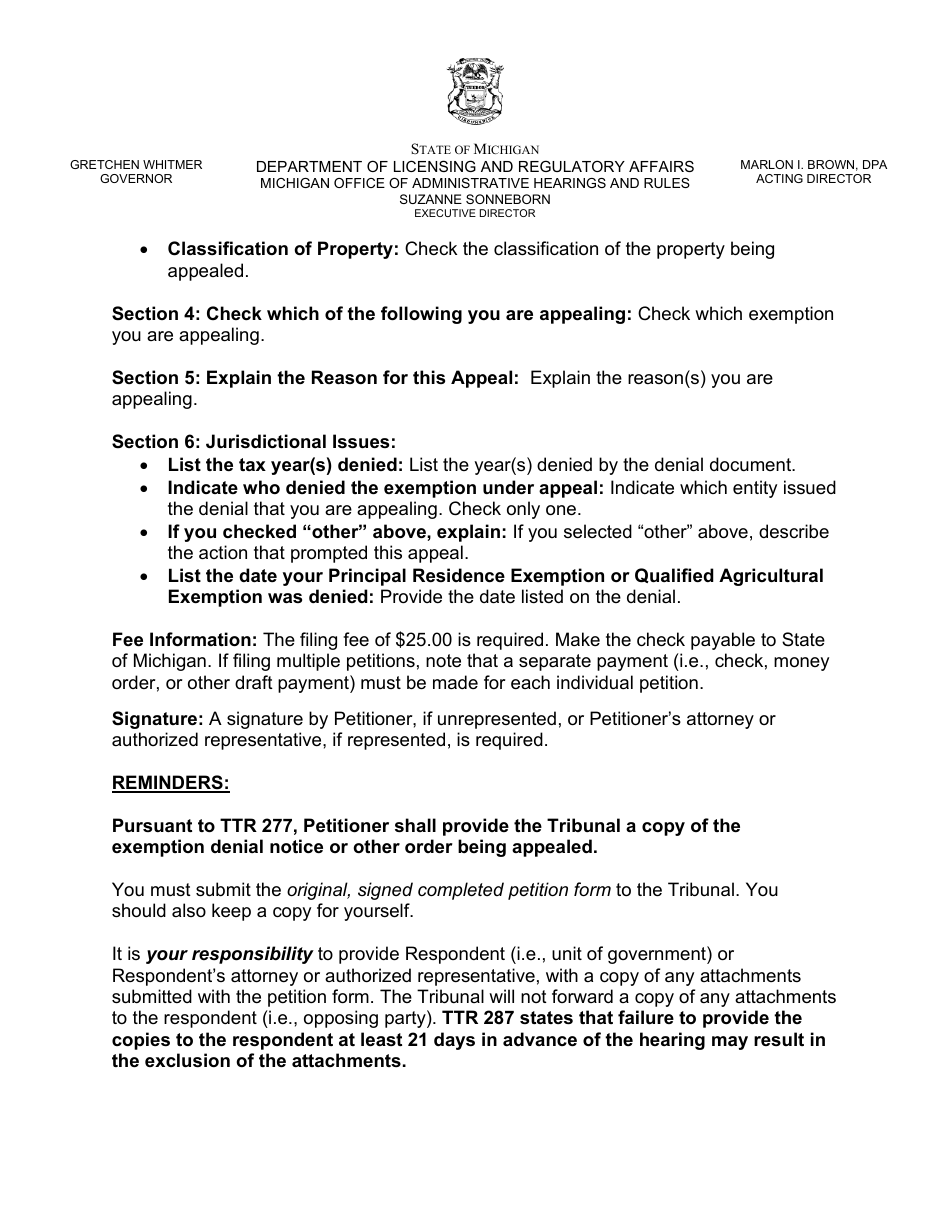 Property Tax Appeal Petition Form - Principal Residence Exemption / Qualified Agricultural Exemption - Michigan, Page 5