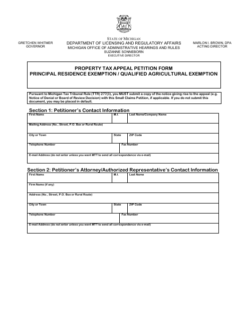 Property Tax Appeal Petition Form - Principal Residence Exemption / Qualified Agricultural Exemption - Michigan Download Pdf