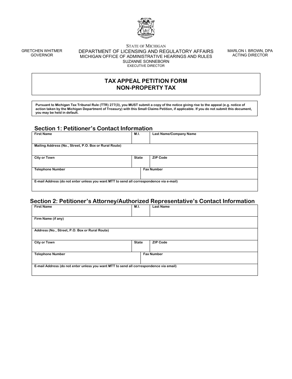 Tax Appeal Petition Form - Non-property Tax - Michigan, Page 1