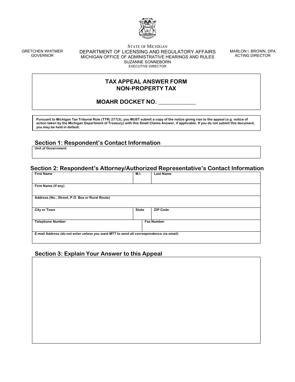 Tax Appeal Answer Form - Non-property Tax - Michigan, Page 1