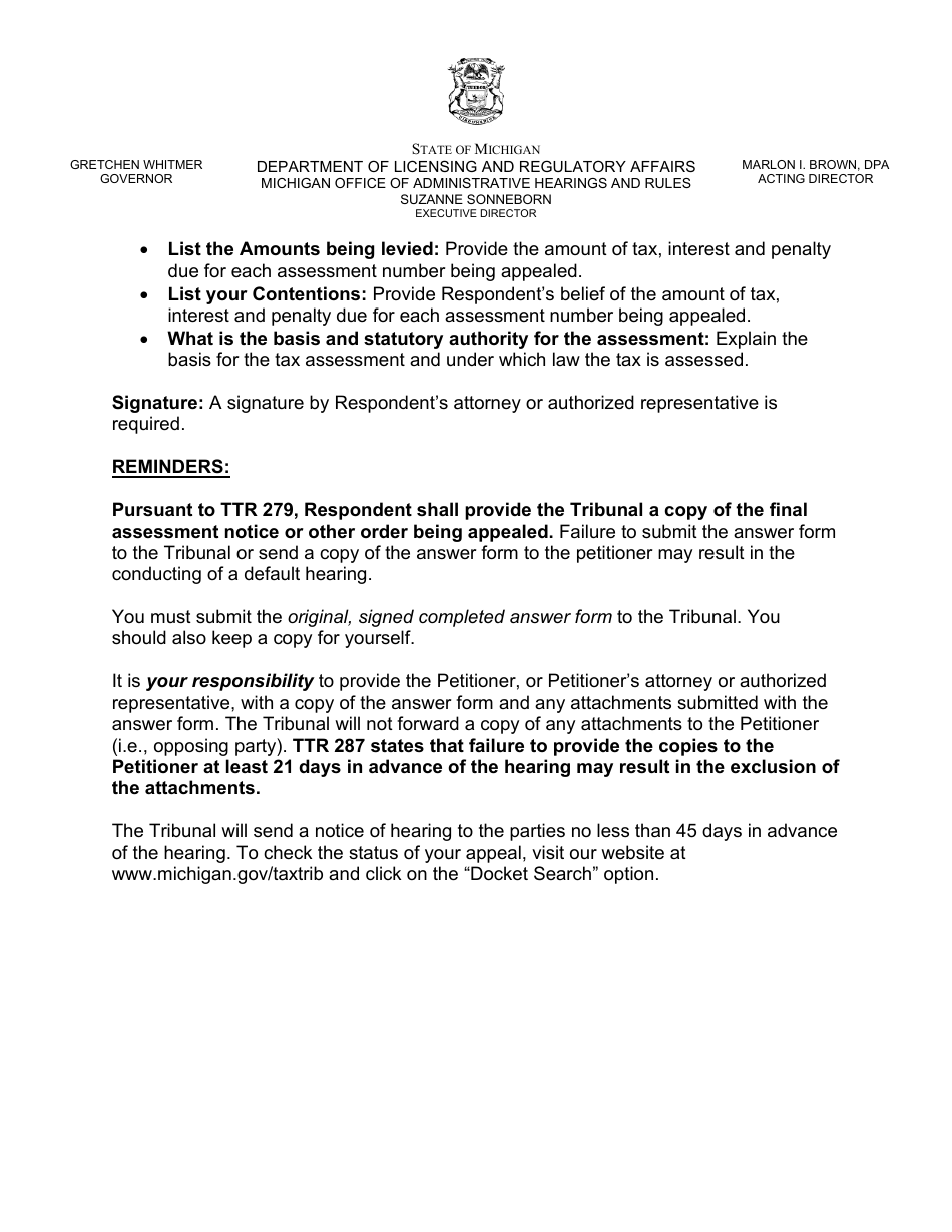 Tax Appeal Answer Form - Non-property Tax - Michigan, Page 4