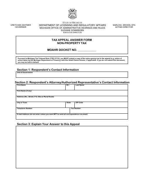 Tax Appeal Answer Form - Non-property Tax - Michigan Download Pdf