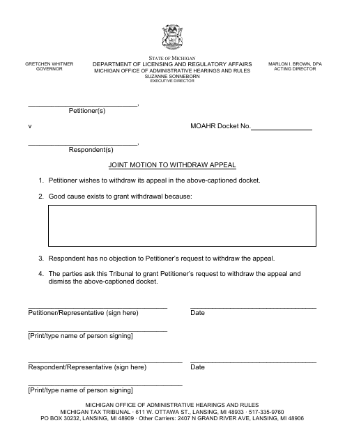 Joint Motion to Withdraw Appeal - Michigan Download Pdf