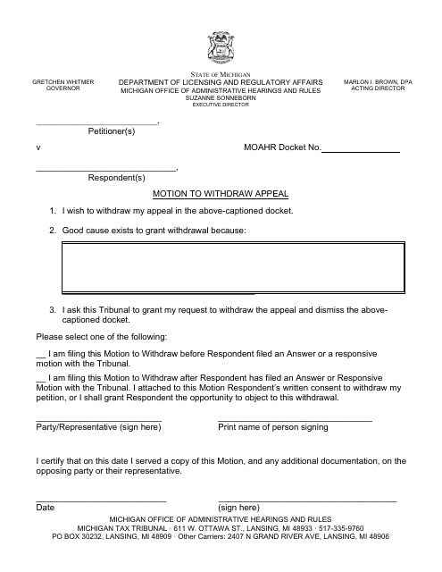 Motion to Withdraw Appeal - Michigan