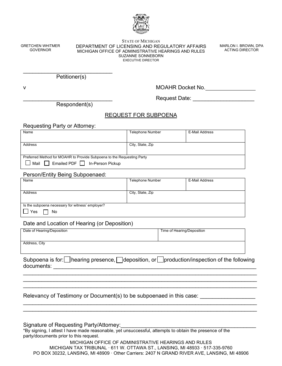 Request for Subpoena - Michigan, Page 1