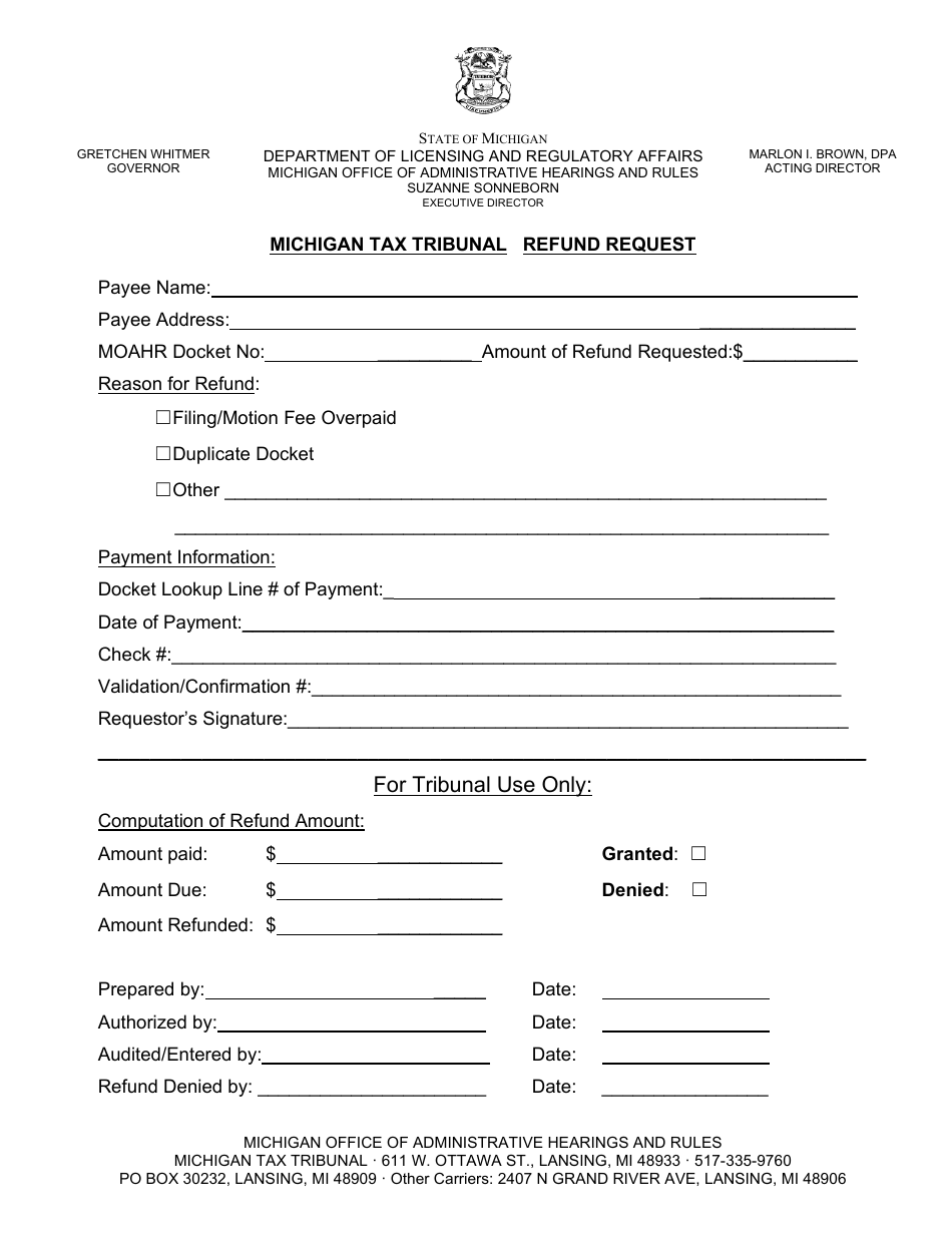 Refund Request Form - Michigan, Page 1