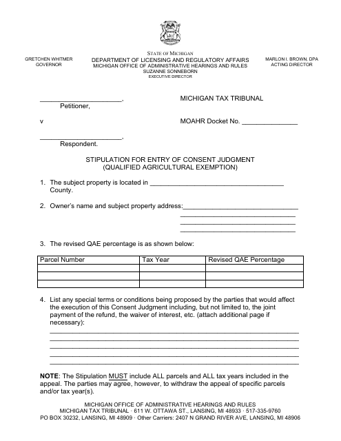 Stipulation for Entry of Consent Judgment (Qualified Agricultural Exemption) - Michigan Download Pdf