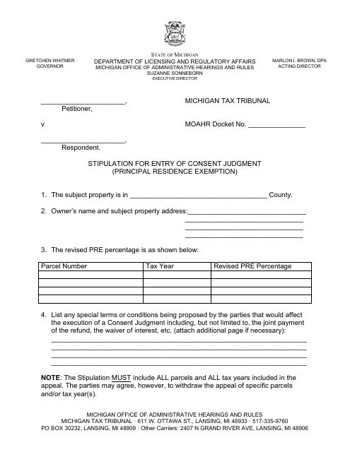 Stipulation for Entry of Consent Judgment (Principal Residence Exemption) - Michigan Download Pdf
