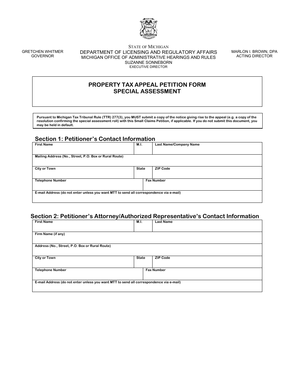 Property Tax Appeal Petition Form - Special Assessment - Michigan, Page 1