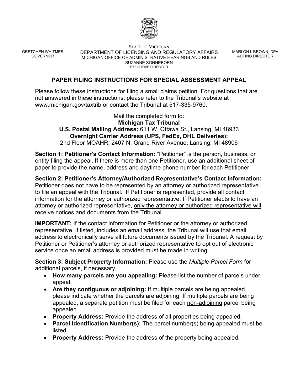Property Tax Appeal Petition Form - Special Assessment - Michigan, Page 3