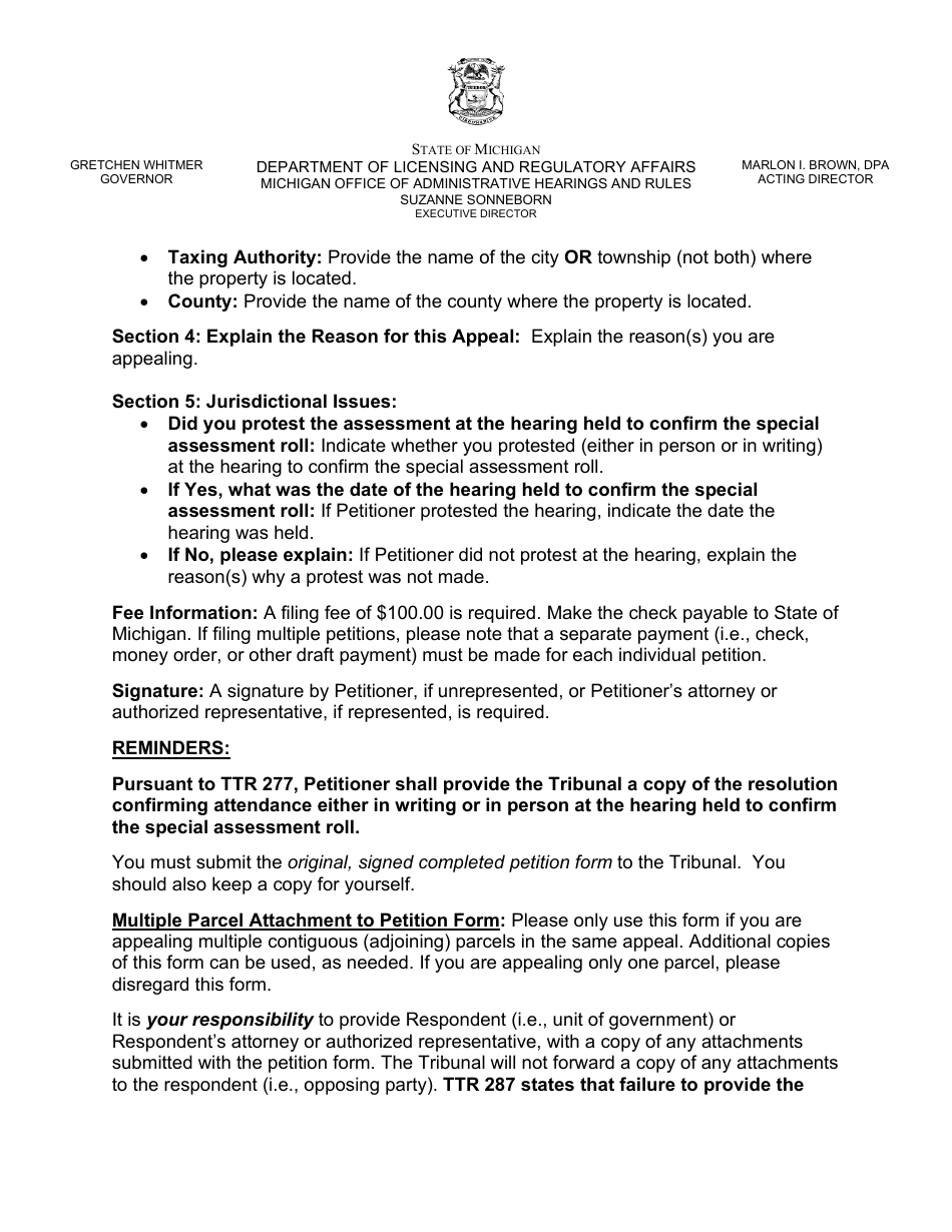 Property Tax Appeal Petition Form - Special Assessment - Michigan, Page 4