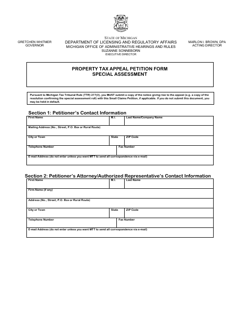 Property Tax Appeal Petition Form - Special Assessment - Michigan