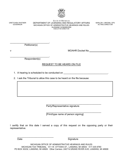 Request to Be Heard on File - Michigan Download Pdf