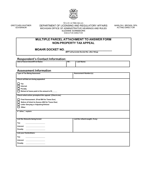 Multiple Parcel Attachment to Answer Form - Non-property Tax Appeal - Michigan