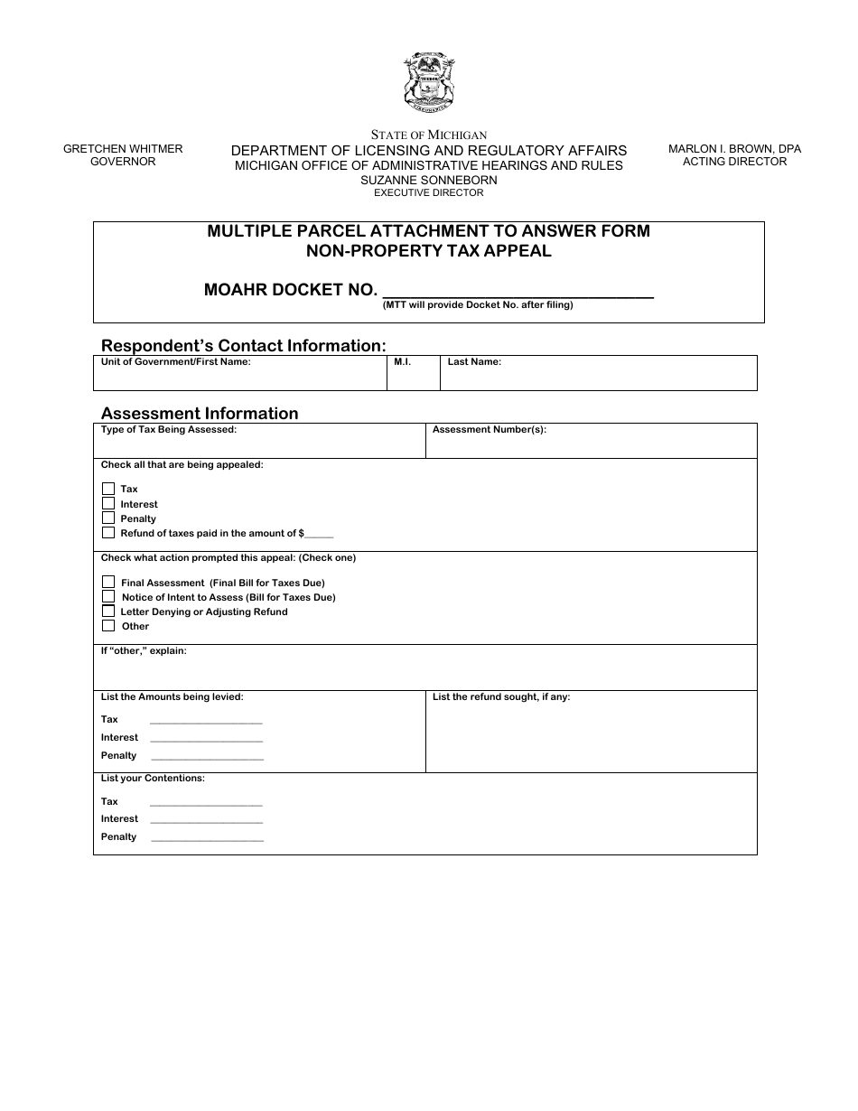Multiple Parcel Attachment to Answer Form - Non-property Tax Appeal - Michigan, Page 1