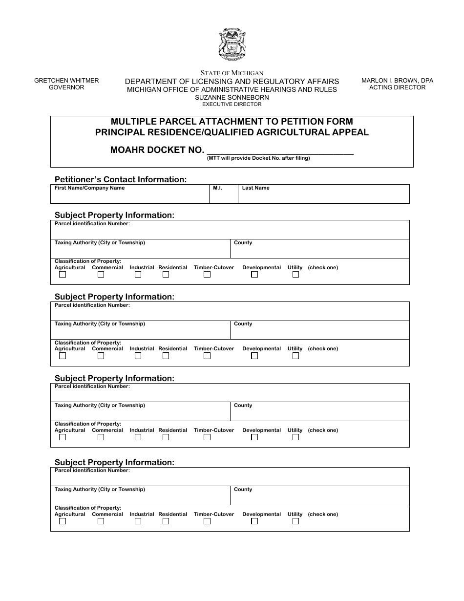 Multiple Parcel Attachment to Petition Form - Principal Residence / Qualified Agricultural Appeal - Michigan, Page 1