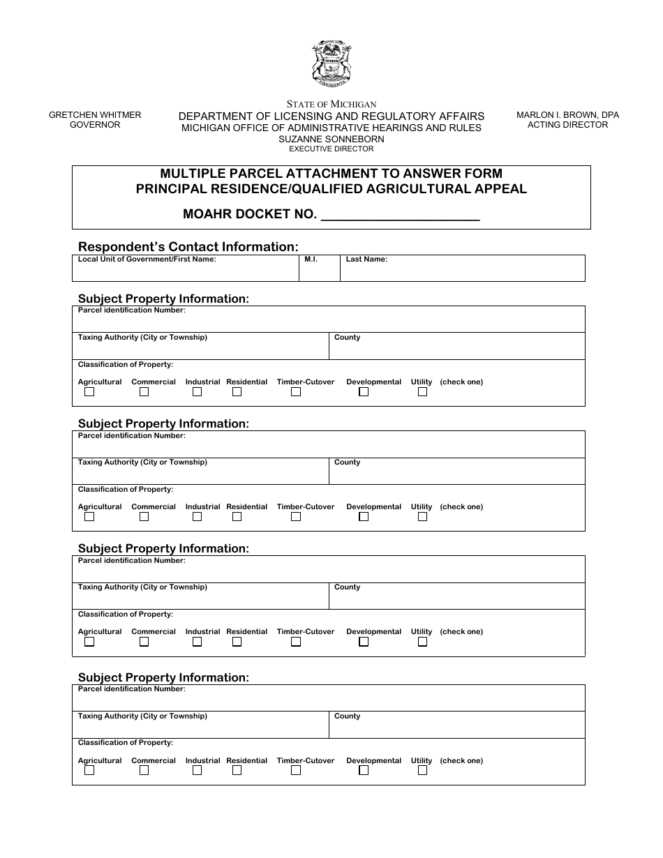 Multiple Parcel Attachment to Answer Form - Principal Residence / Qualified Agricultural Appeal - Michigan, Page 1