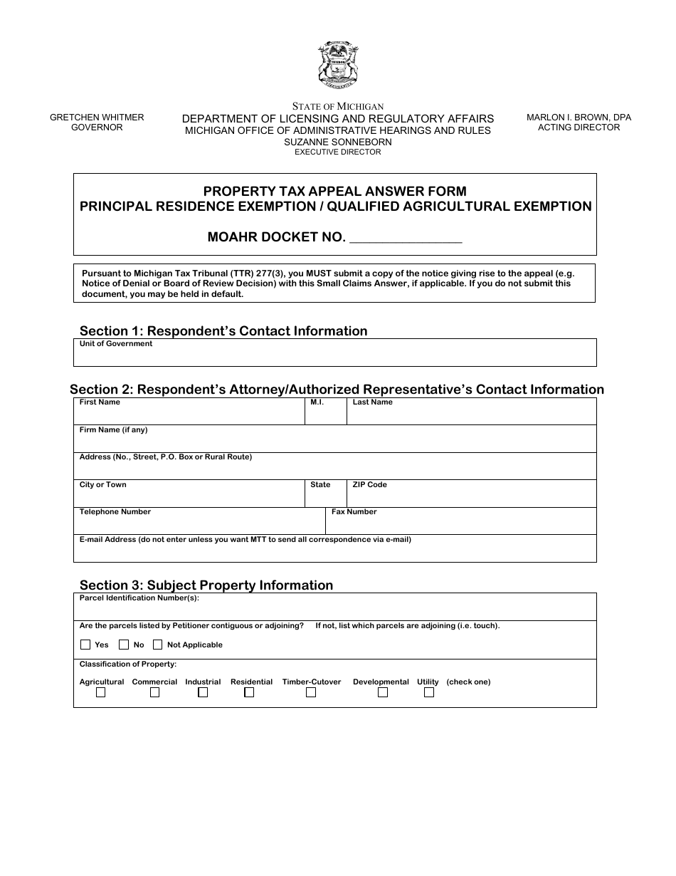 Property Tax Appeal Answer Form - Principal Residence Exemption / Qualified Agricultural Exemption - Michigan, Page 1