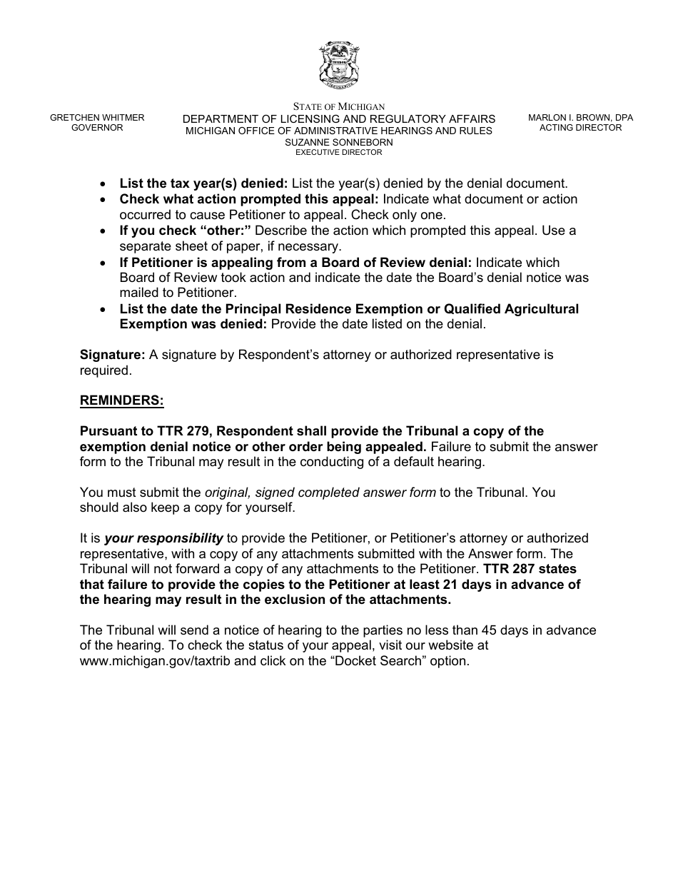 Property Tax Appeal Answer Form - Principal Residence Exemption / Qualified Agricultural Exemption - Michigan, Page 4