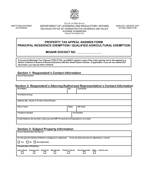 Property Tax Appeal Answer Form - Principal Residence Exemption / Qualified Agricultural Exemption - Michigan Download Pdf