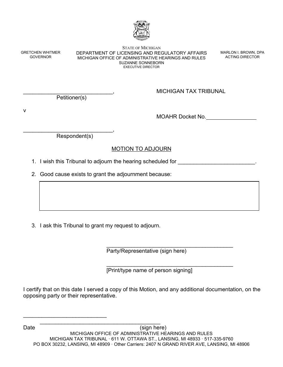 Michigan Motion to Adjourn Fill Out, Sign Online and Download PDF Templateroller