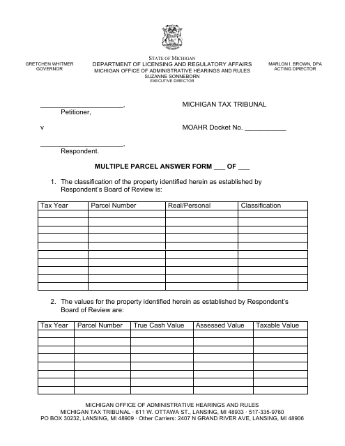Multiple Parcel Answer Form - Michigan