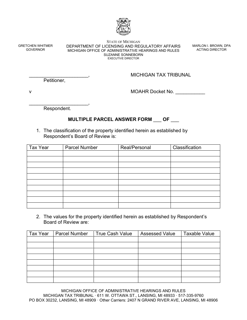 Multiple Parcel Answer Form - Michigan, Page 1