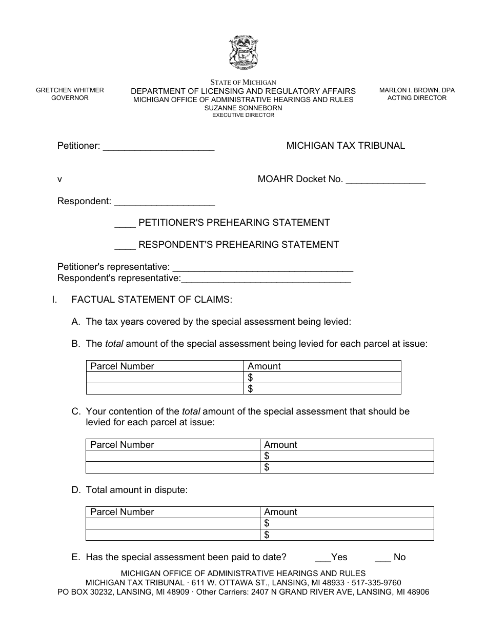 Special Assessment Prehearing Statement - Michigan, Page 1