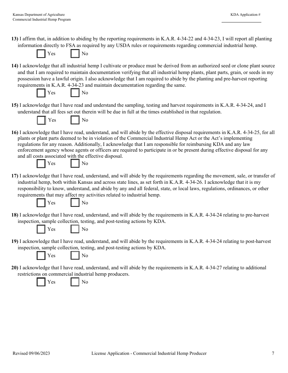 Commerical Industrial Hemp Producer License Application - Kansas, Page 12