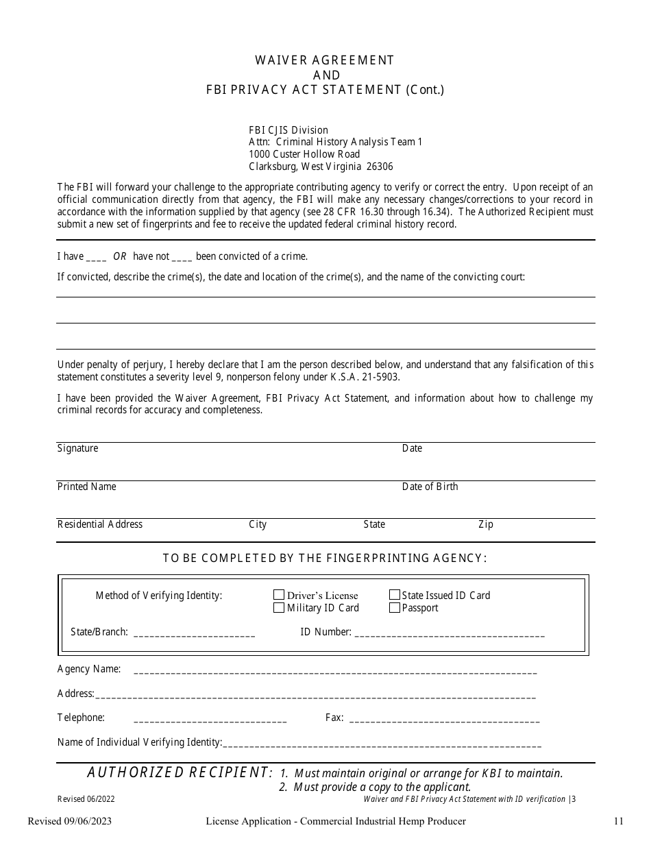Commerical Industrial Hemp Producer License Application - Kansas, Page 16