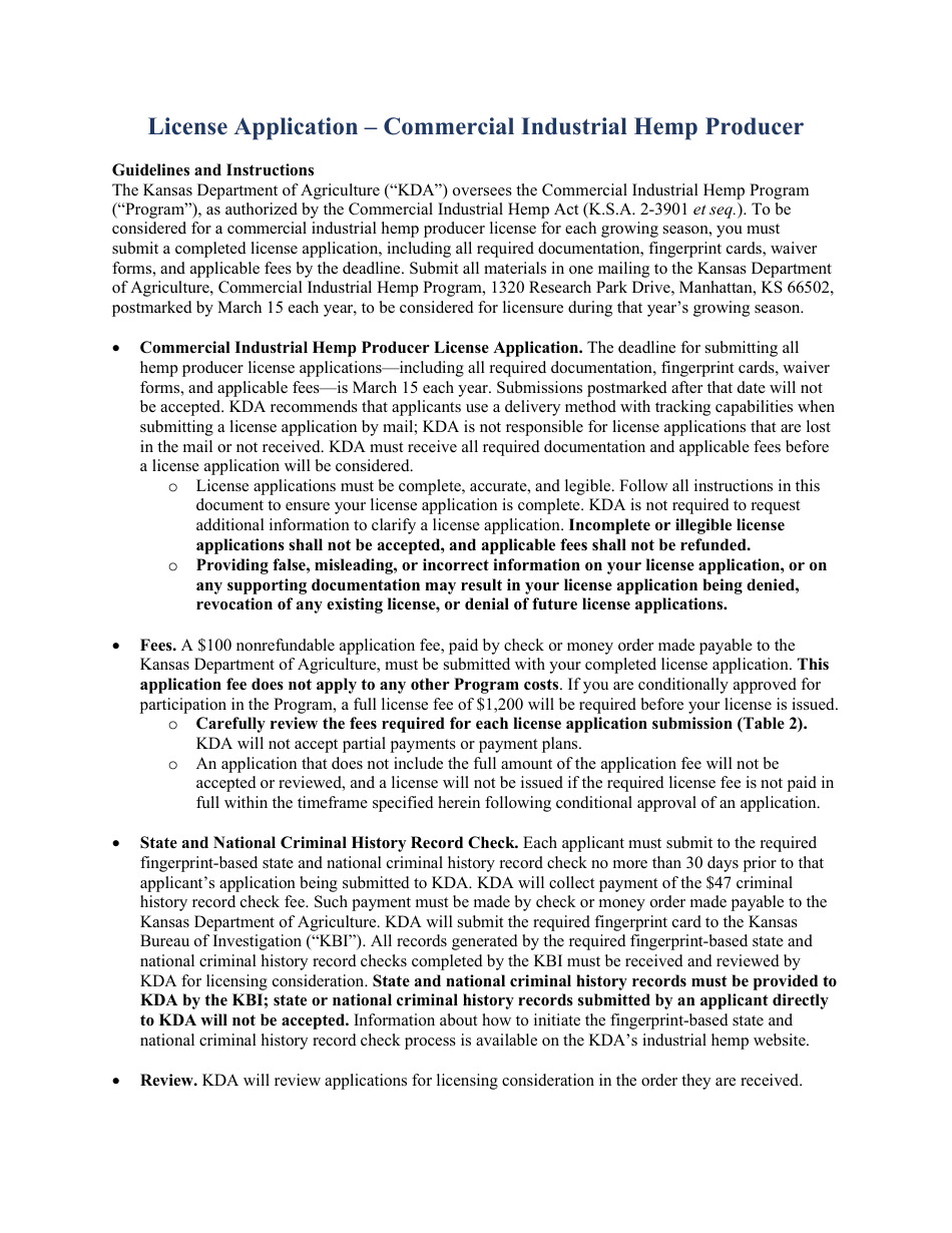 Commerical Industrial Hemp Producer License Application - Kansas, Page 2
