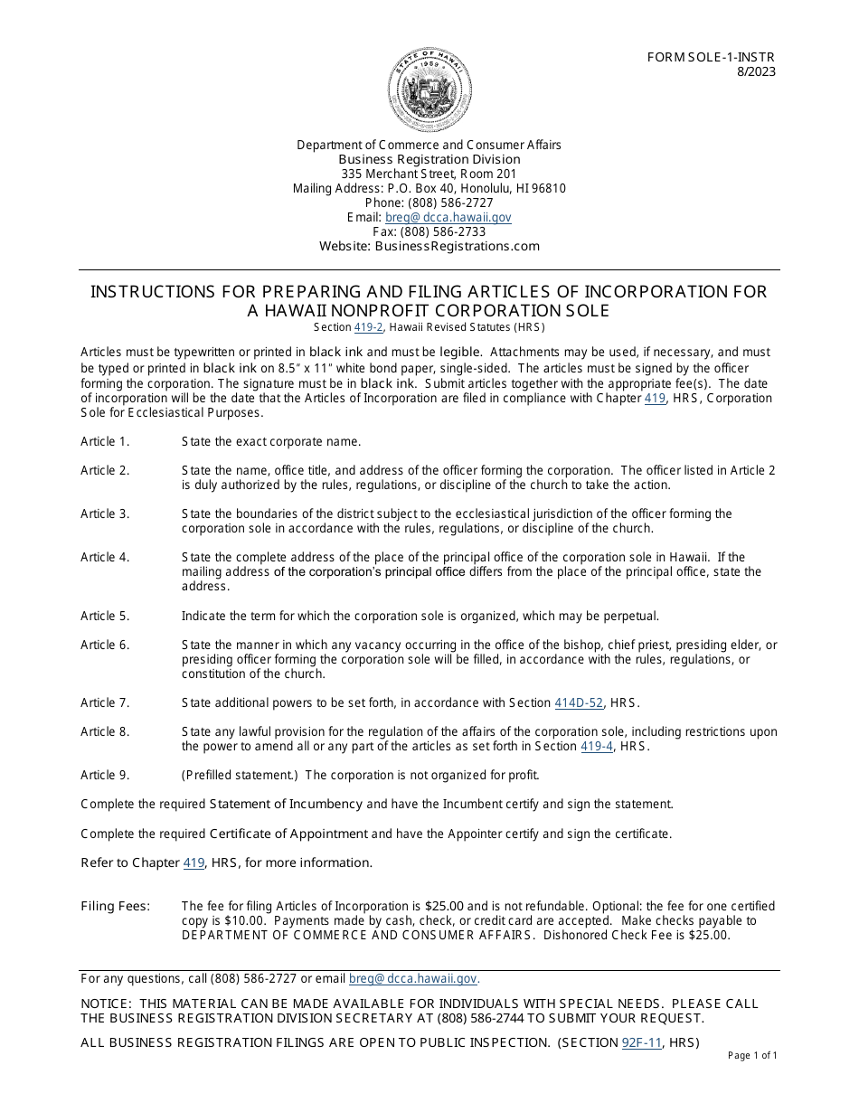 Instructions for Form SOLE-1 Articles of Incorporation for a Hawaii Nonprofit Corporation Sole - Hawaii, Page 1