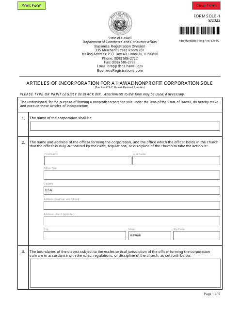 Form SOLE-1 Articles of Incorporation for a Hawaii Nonprofit Corporation Sole - Hawaii
