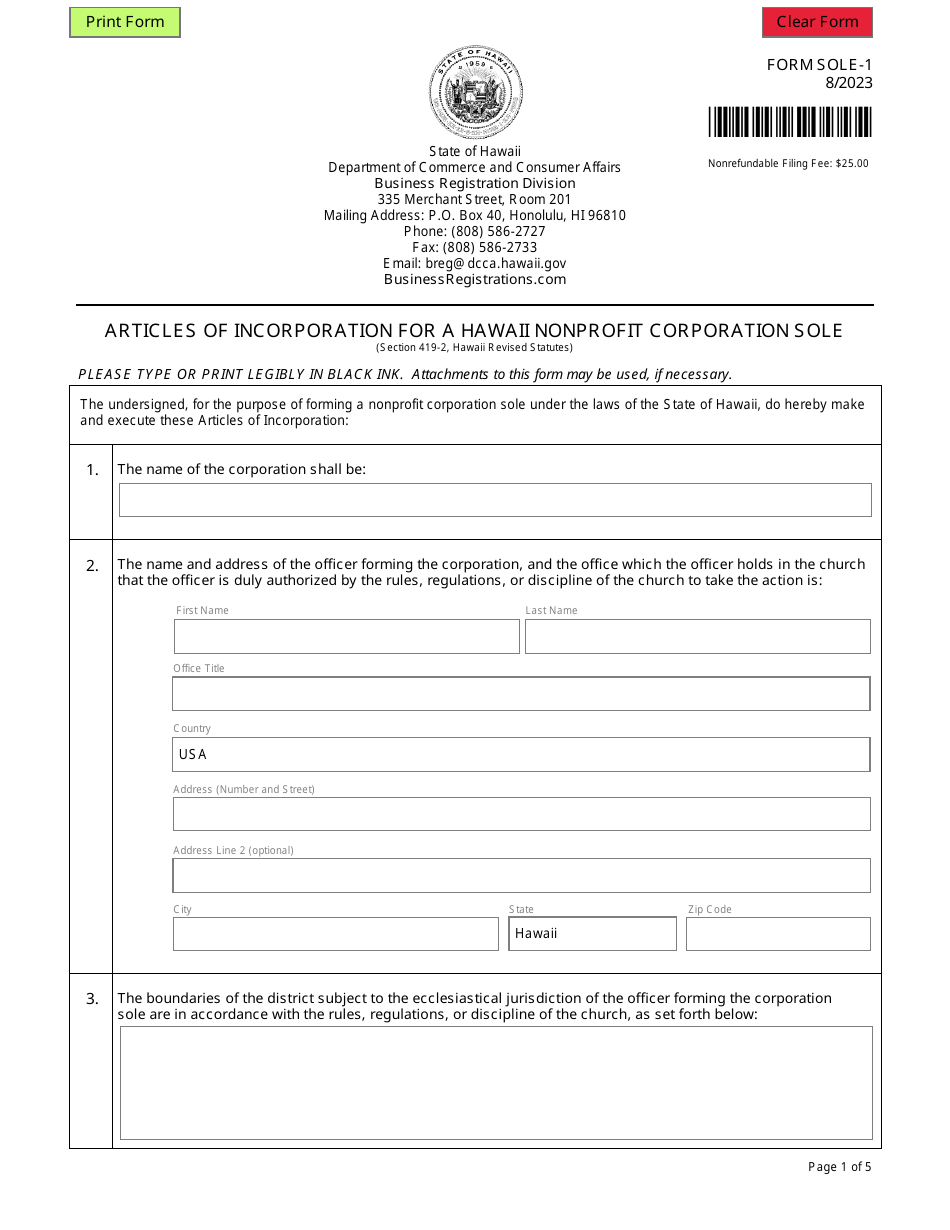 Form SOLE-1 Articles of Incorporation for a Hawaii Nonprofit Corporation Sole - Hawaii, Page 1