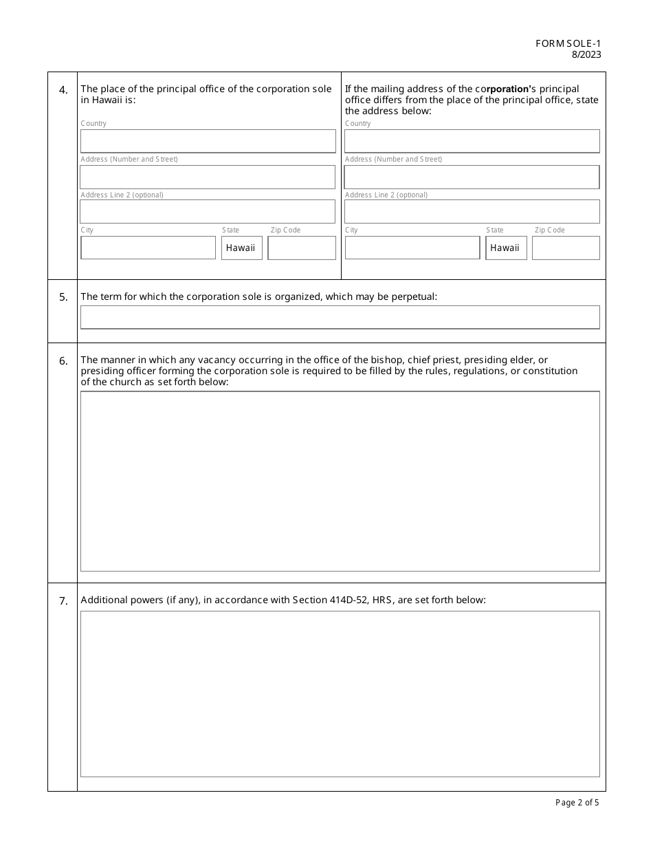 Form SOLE-1 Articles of Incorporation for a Hawaii Nonprofit Corporation Sole - Hawaii, Page 2