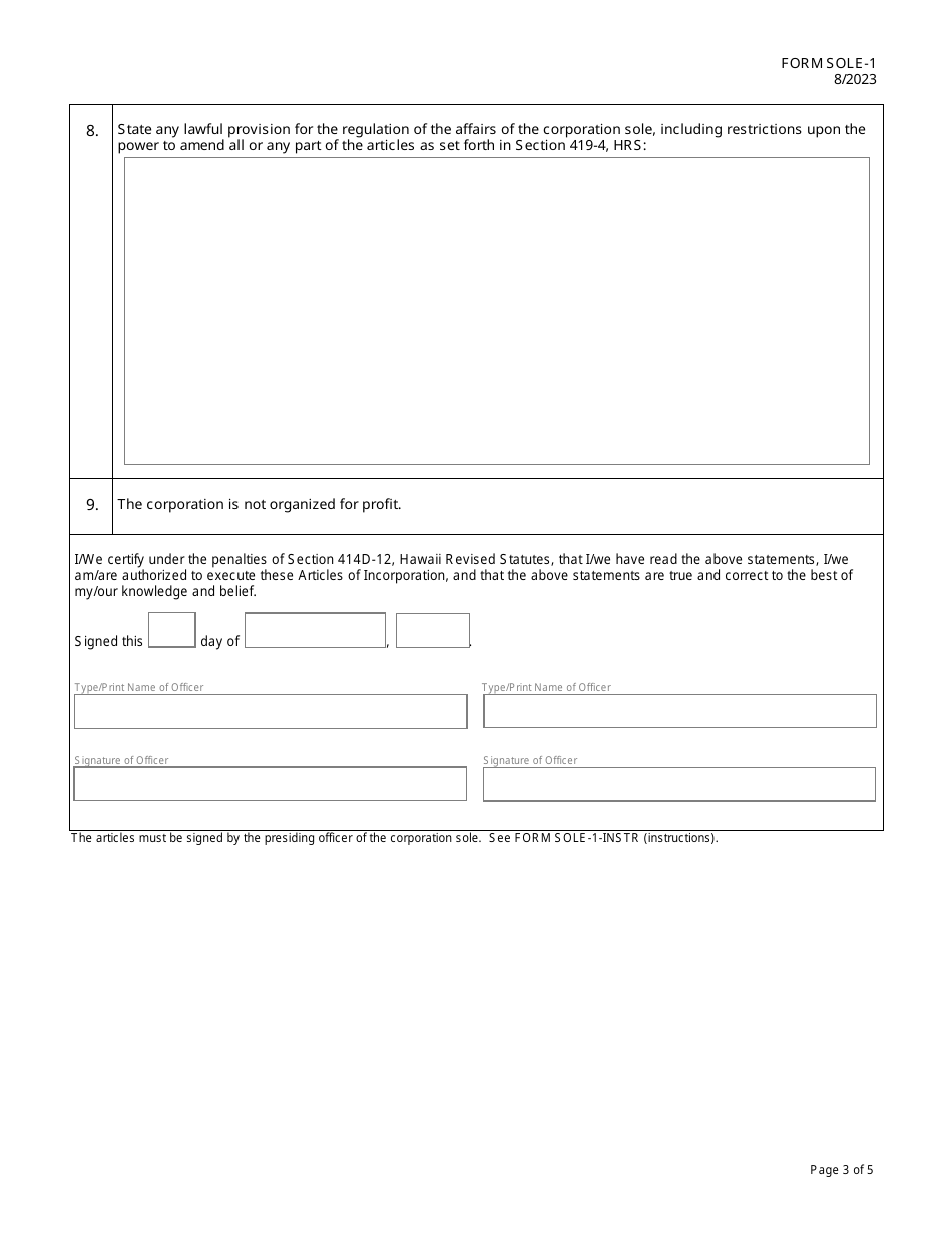 Form SOLE-1 Articles of Incorporation for a Hawaii Nonprofit Corporation Sole - Hawaii, Page 3