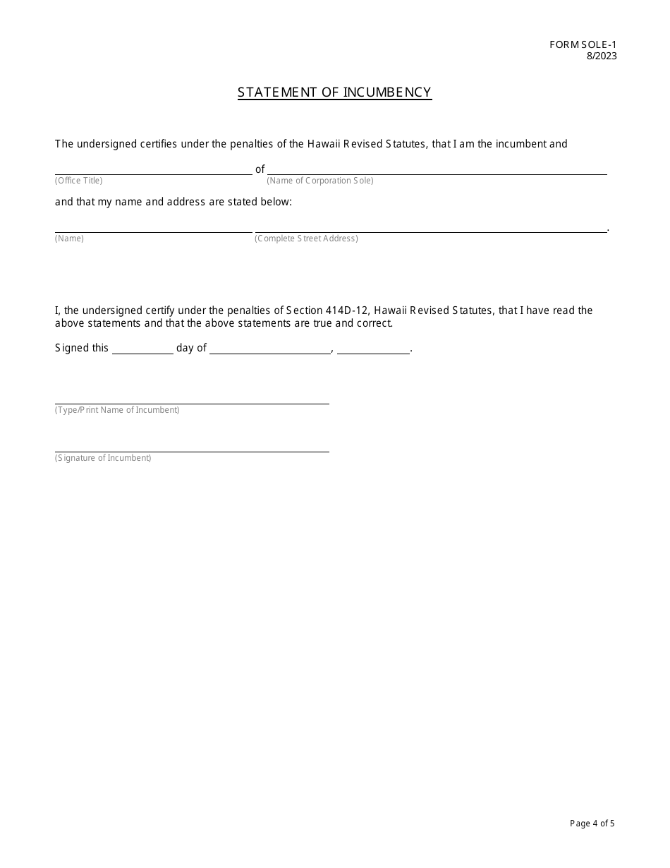 Form SOLE-1 Articles of Incorporation for a Hawaii Nonprofit Corporation Sole - Hawaii, Page 4