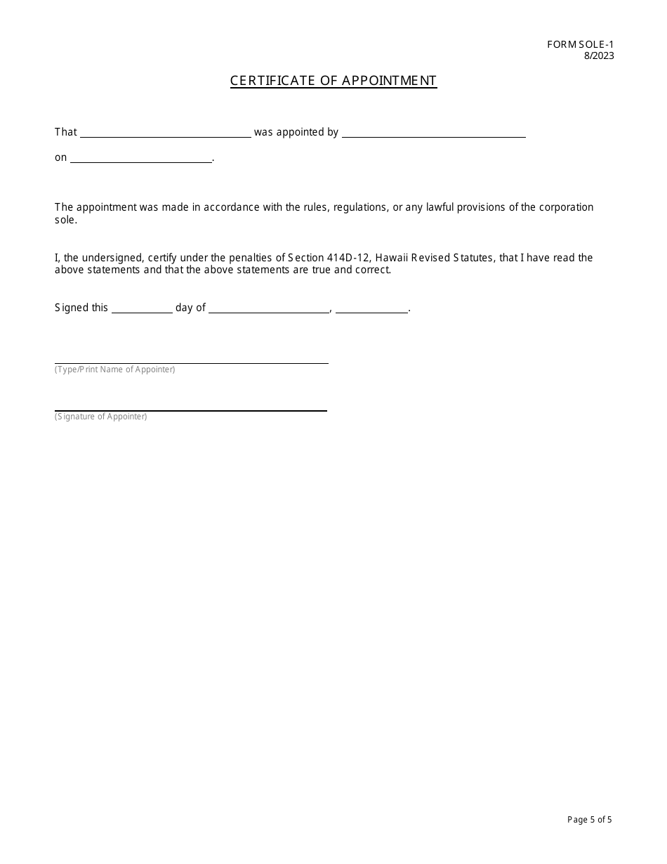 Form SOLE-1 Articles of Incorporation for a Hawaii Nonprofit Corporation Sole - Hawaii, Page 5