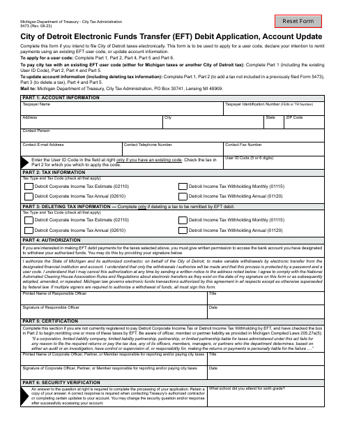 Form 5473 City of Detroit Electronic Funds Transfer (Eft) Debit Application, Account Update - Michigan