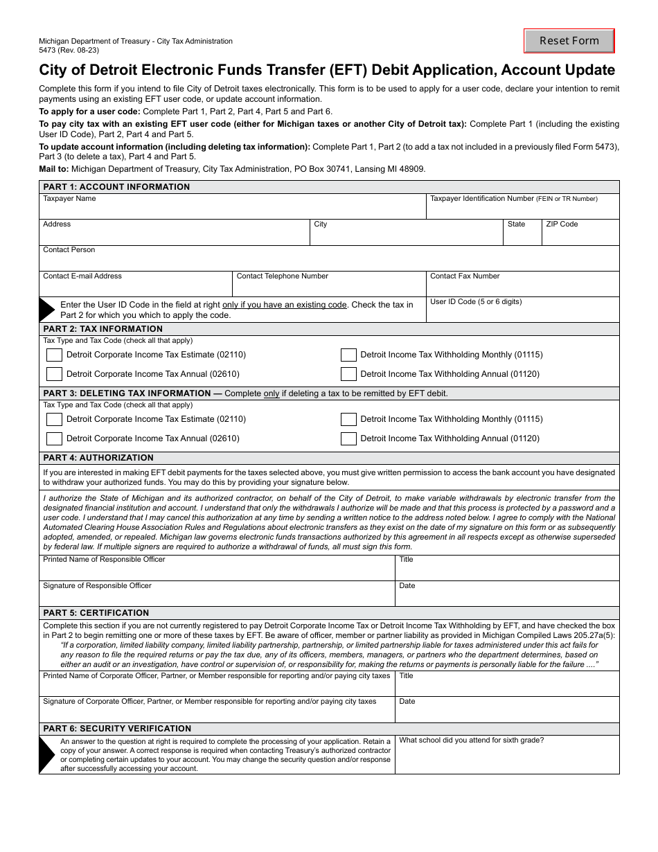 Form 5473 City of Detroit Electronic Funds Transfer (Eft) Debit Application, Account Update - Michigan, Page 1