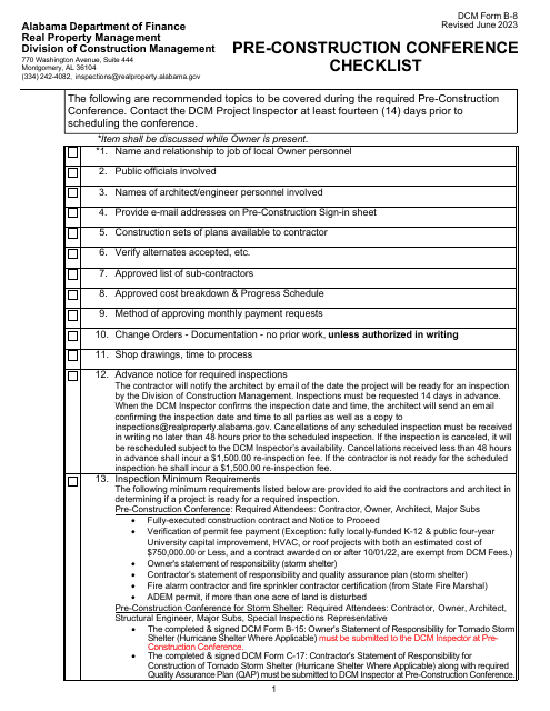 DCM Form B-8 Pre-construction Conference Checklist - Alabama