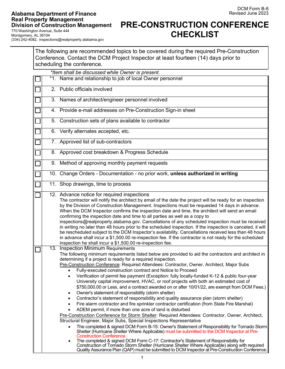 DCM Form B-8 Pre-construction Conference Checklist - Alabama, Page 1