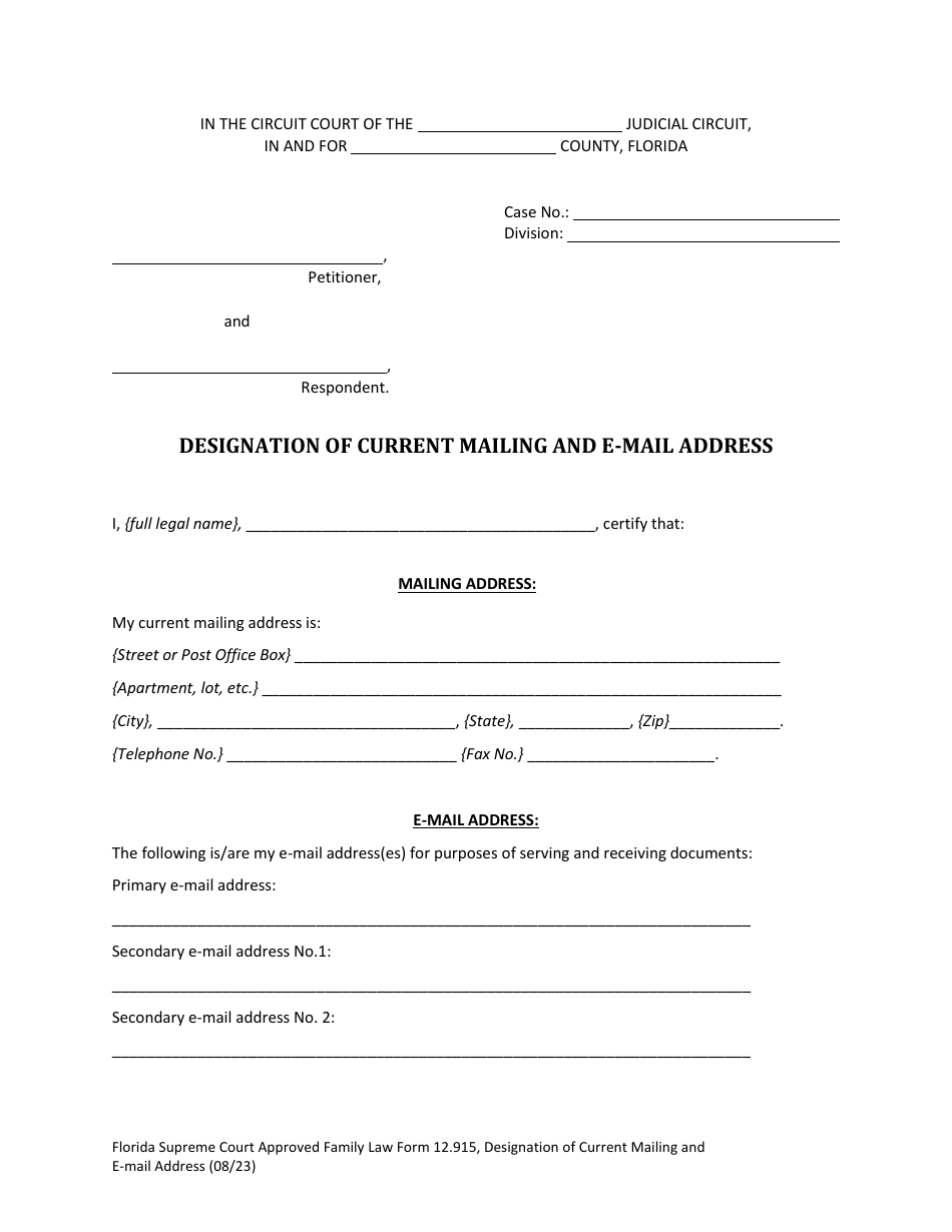 Form 12.915 Designation of Current Mailing and E-Mail Address - Florida, Page 3