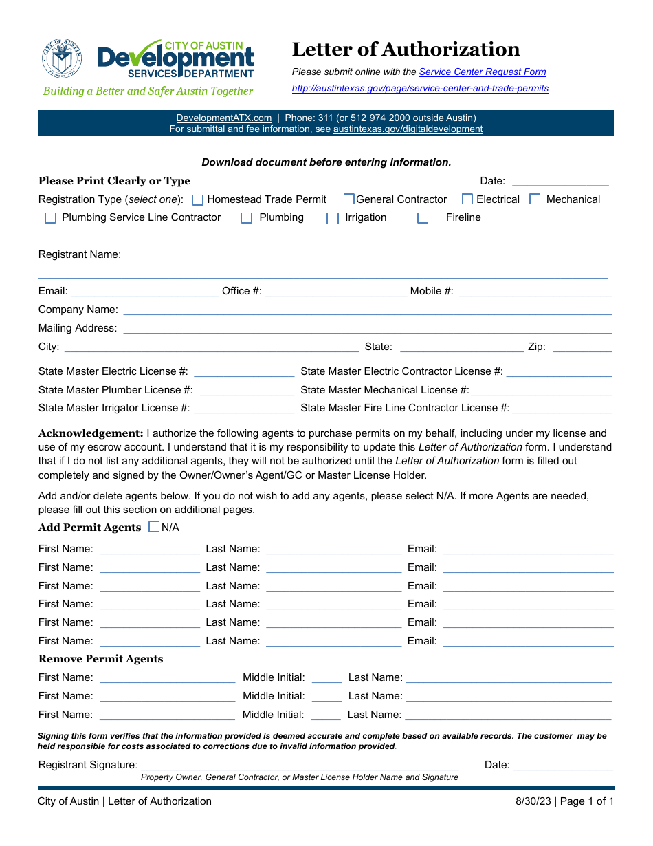 City of austin texas letter of authorization download fillable pdf