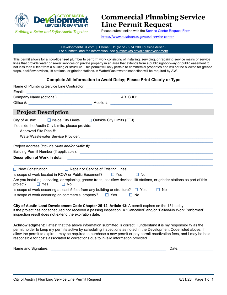 Commercial Plumbing Service Line Permit Request - City of Austin, Texas, Page 1
