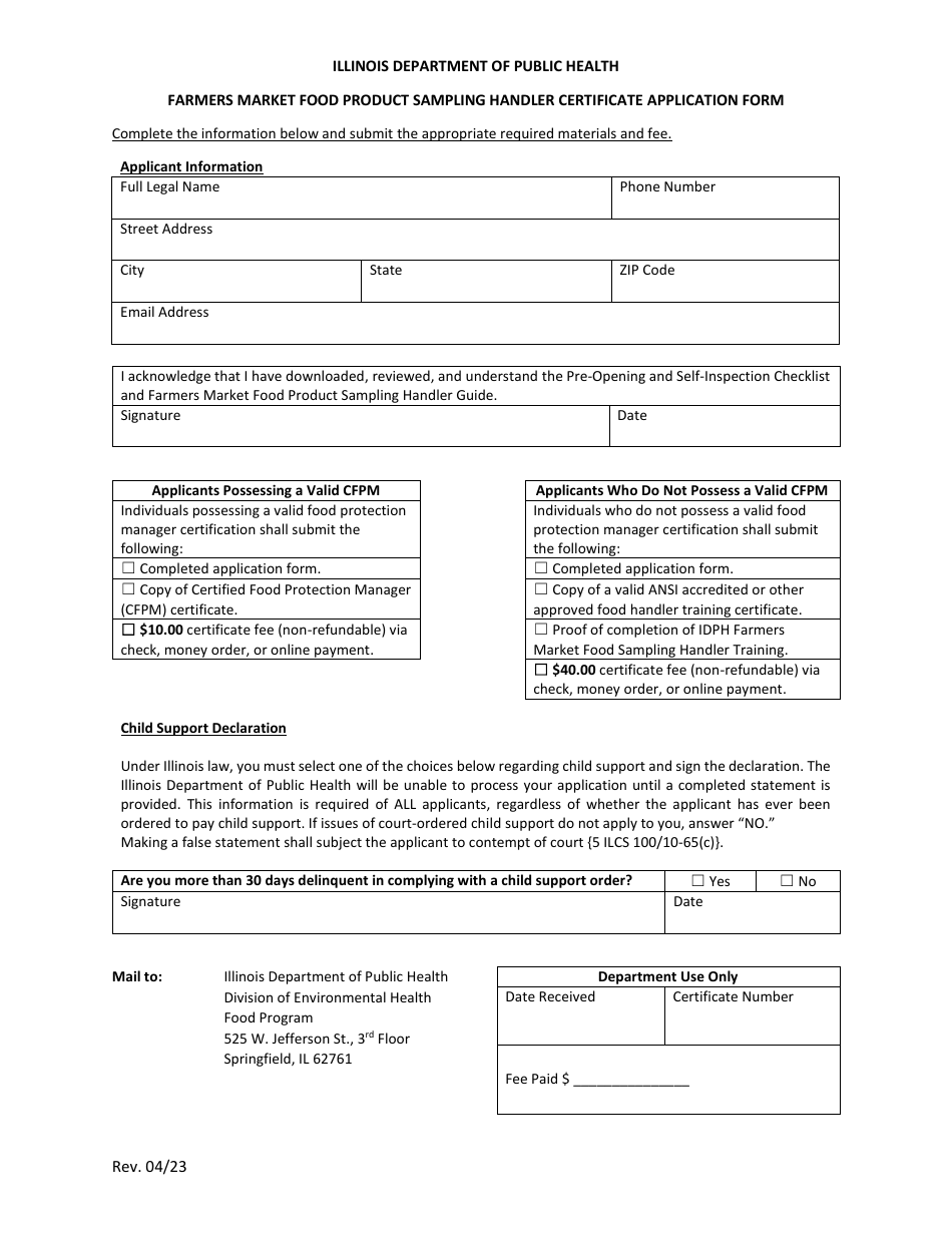 Farmers Market Food Product Sampling Handler Certificate Application Form - Illinois, Page 1