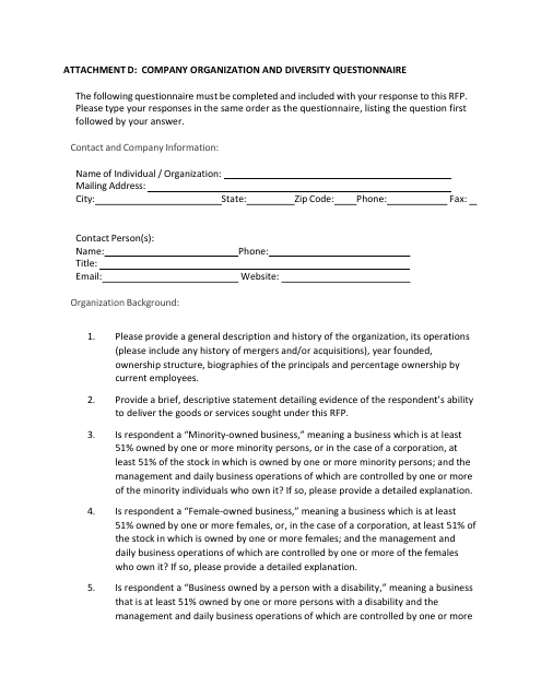 Attachment D Company Organization and Diversity Questionnaire - Illinois