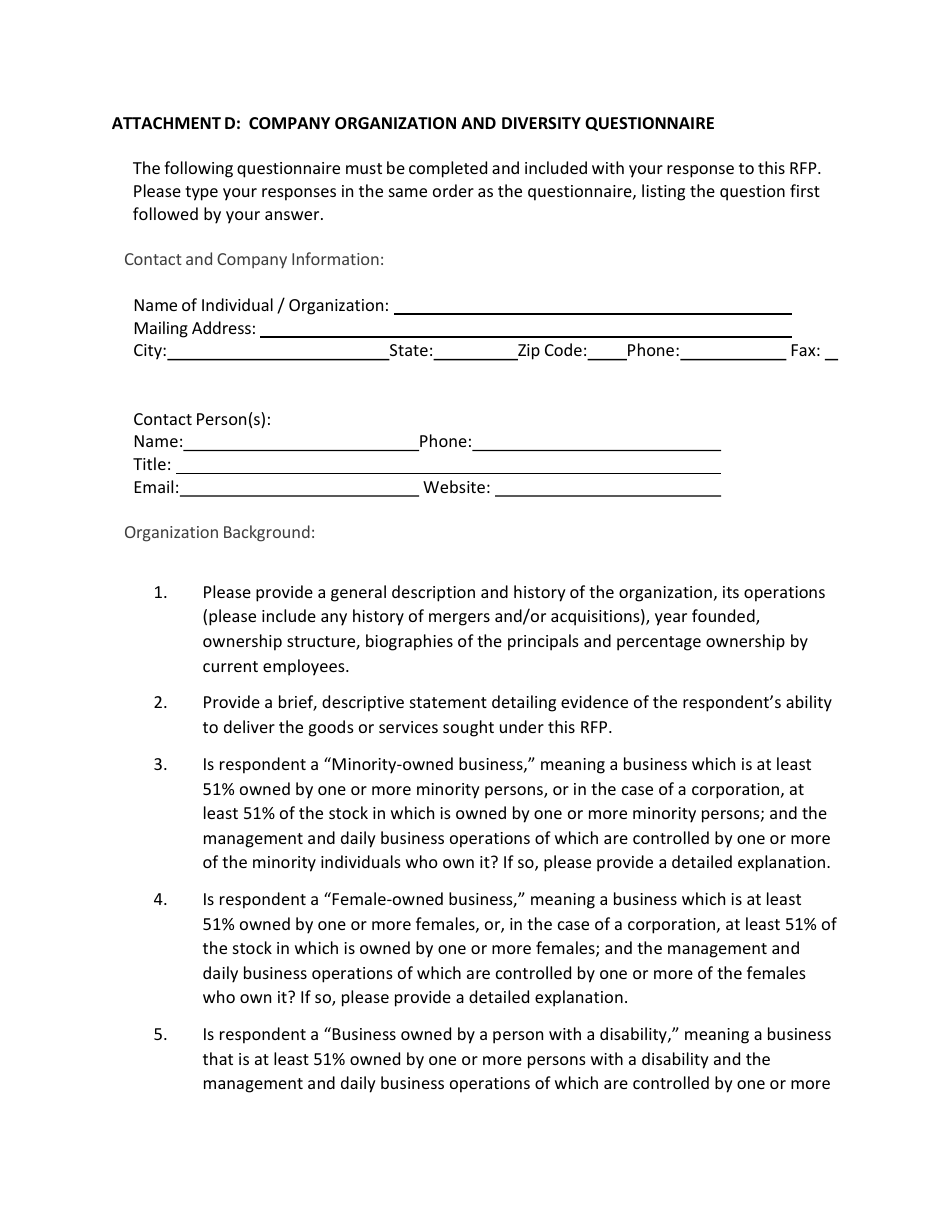 Attachment D Company Organization and Diversity Questionnaire - Illinois, Page 1