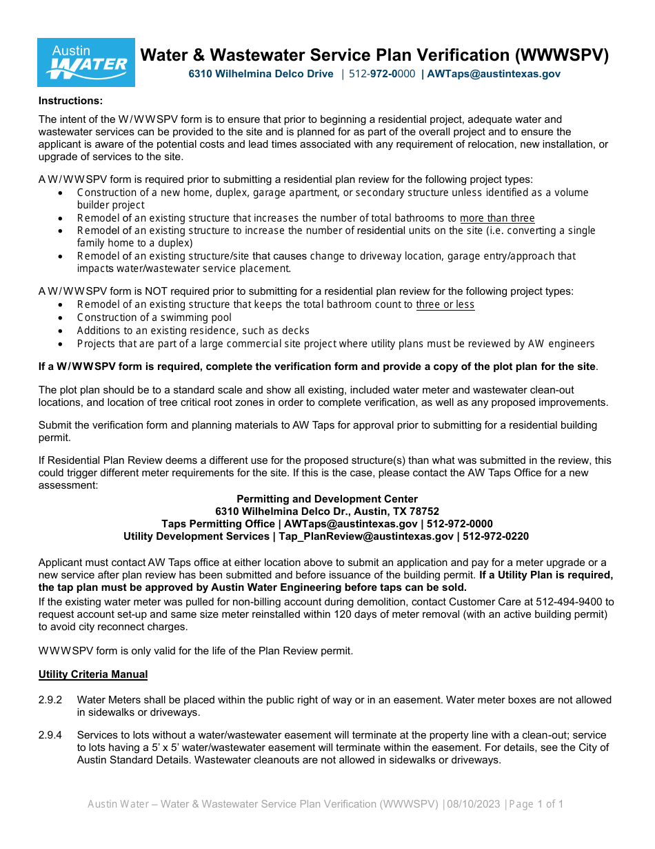 Instructions for Water  Wastewater Service Plan Verification (Wwwspv) - City of Austin, Texas, Page 1