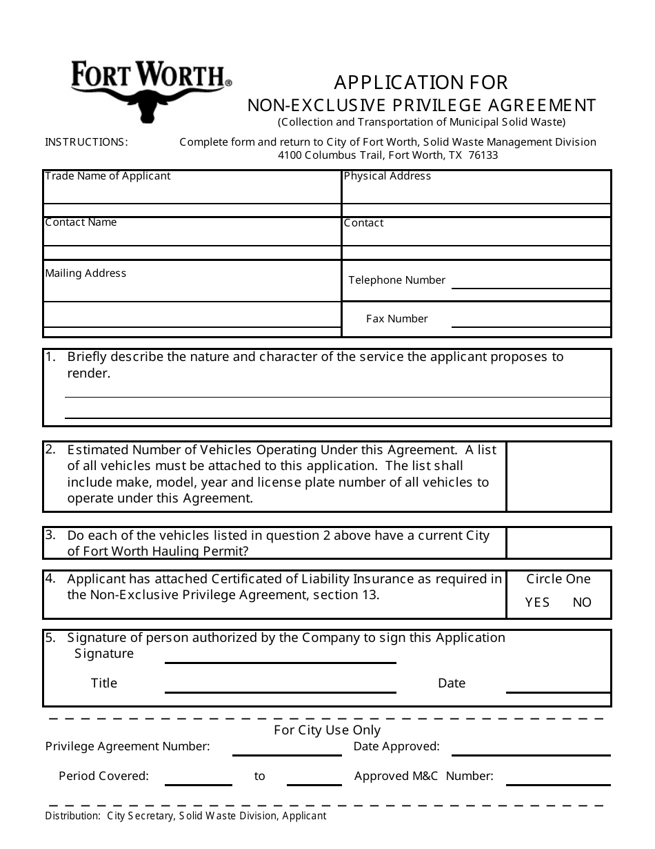 Application for Non-exclusive Privilege Agreement (Collection and Transportation of Municipal Solid Waste) - City of Fort Worth, Texas, Page 1